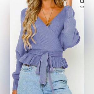🔷NEW! Zesica Fall Wrap V-neck Long  Batwing Sleeve Belted Waist Ruffle Sweater